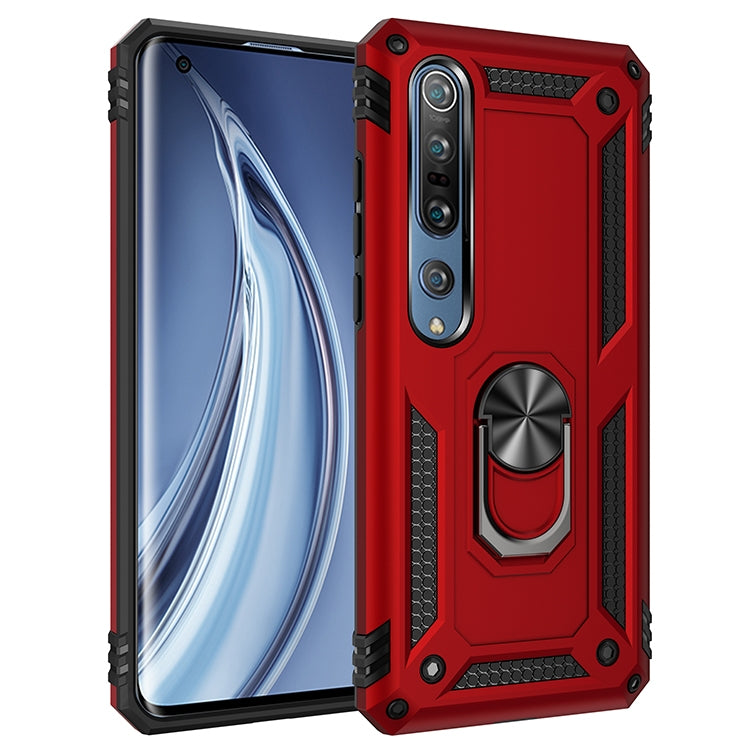 Red rugged shockproof phone case with rotating metal kickstand ring and camera cutout