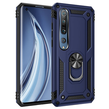 Shockproof protective phone case with rotating holder, navy blue with black accents
