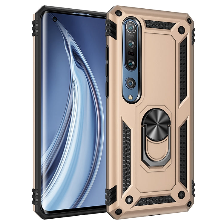 Shockproof protective phone case with rotating holder, gold-beige with black edges