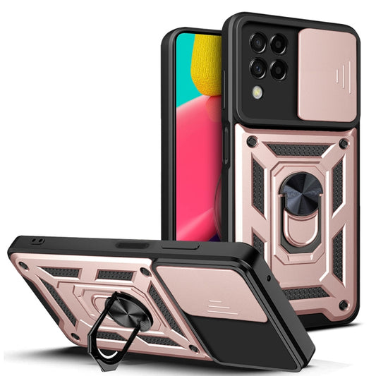 Rose gold and black armored phone case with sliding camera cover and ring kickstand