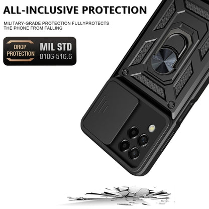 Black armored phone case with sliding camera cover and ring kickstand