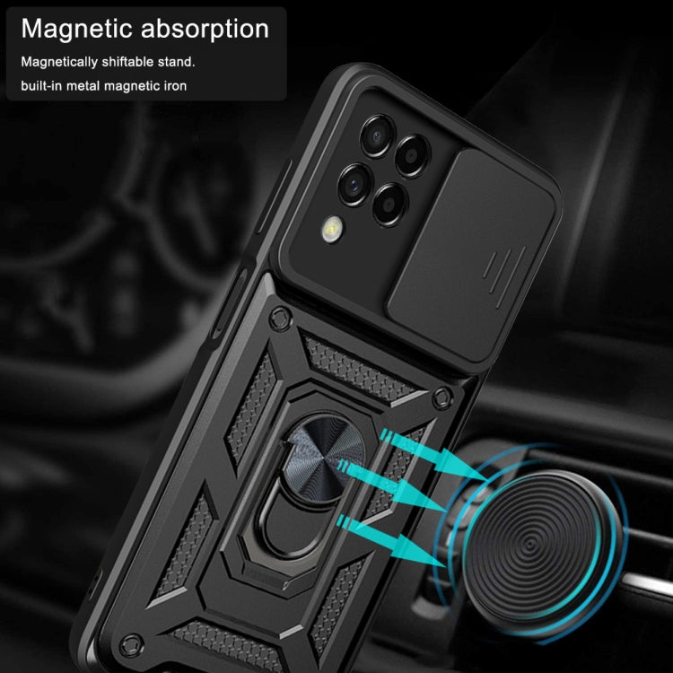Black armored phone case with metal ring kickstand and sliding camera cover