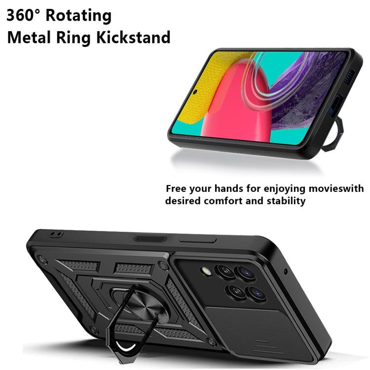 Black armored phone case with rotating metal ring kickstand and sliding camera cover
