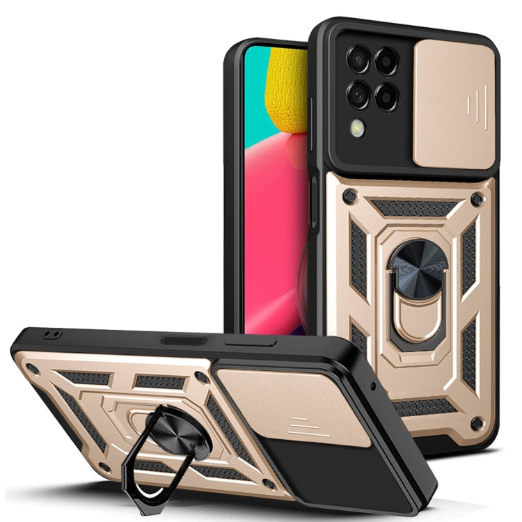 Rose gold and black armored phone case with sliding camera cover and ring kickstand