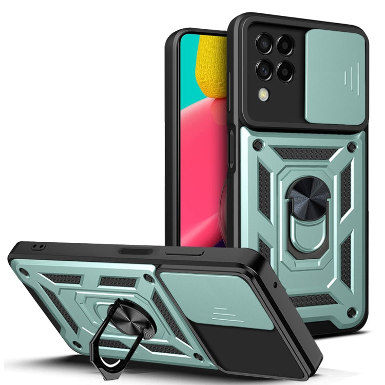 Dark green and black armored phone case with sliding camera cover and ring kickstand