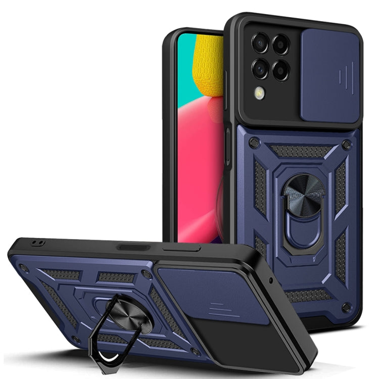 Blue and black armored phone case with sliding camera cover and ring kickstand