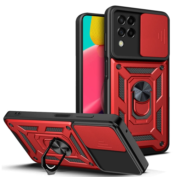 Sliding camera cover phone case with kickstand, red and black armored design