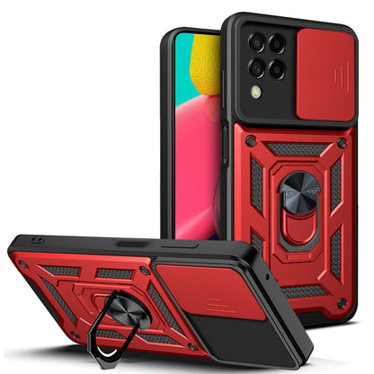 Sliding camera cover phone case with kickstand, red and black armored design