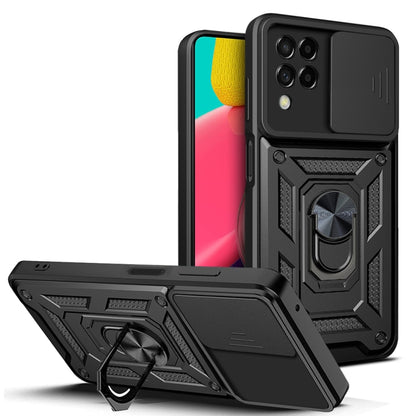 Sliding camera cover phone case with kickstand, black armored design