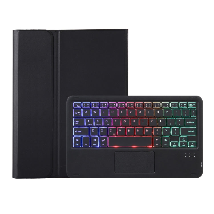 Black folio Bluetooth keyboard tablet case showing backlit multicolor keys and rear cover