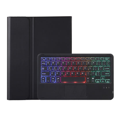 Black folio Bluetooth keyboard tablet case showing backlit multicolor keys and rear cover