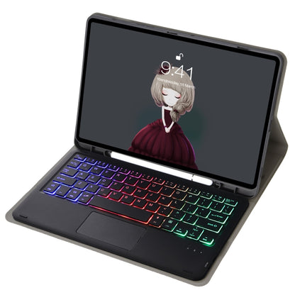 Black lambskin-texture Bluetooth keyboard tablet case open with tablet screen and RGB keys