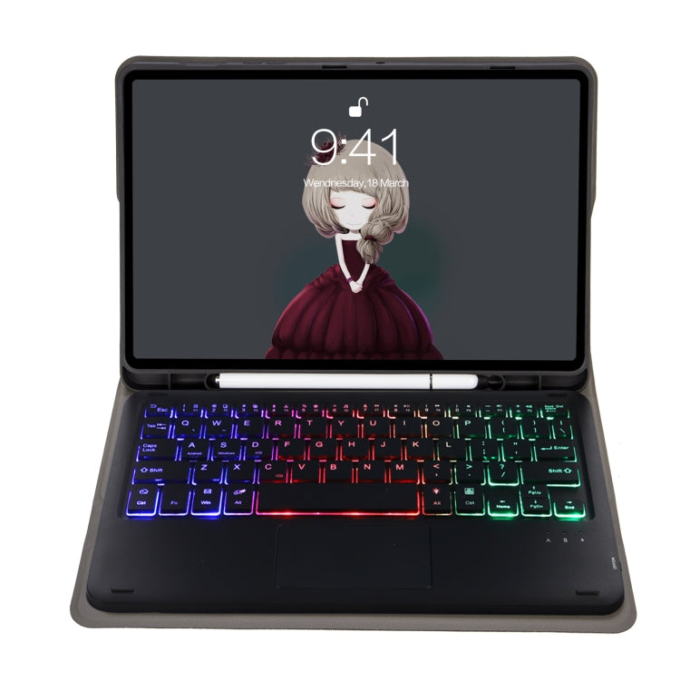 Black Bluetooth keyboard tablet case open with keyboard lit in multicolor and fold stand