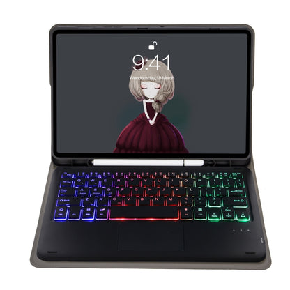 Black Bluetooth keyboard tablet case open with keyboard lit in multicolor and fold stand