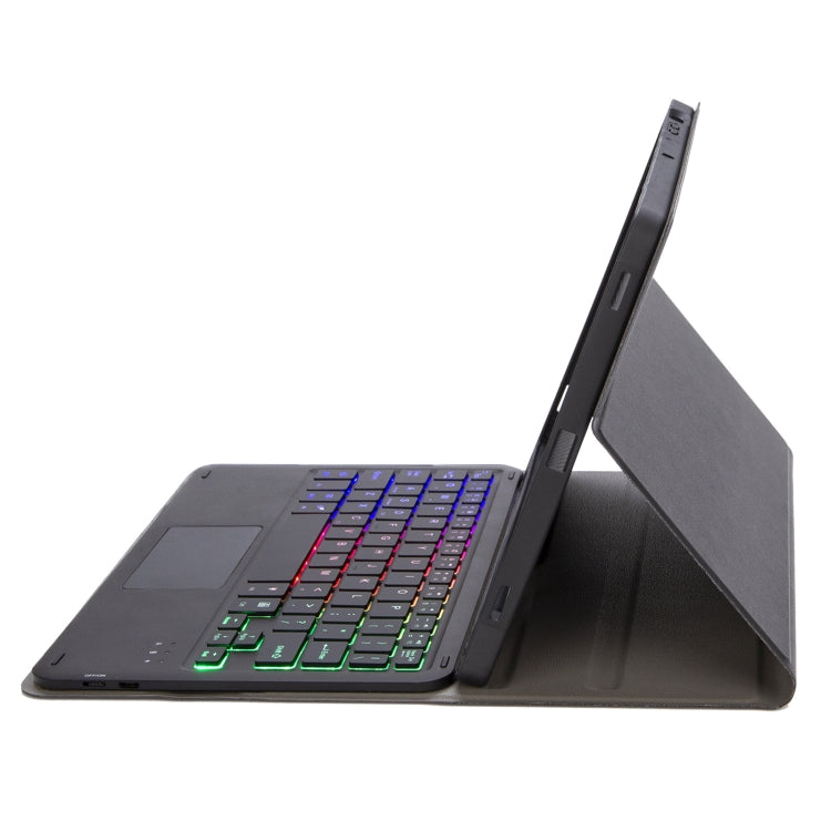 Black Bluetooth keyboard tablet case with stand, showing side buttons and hinge