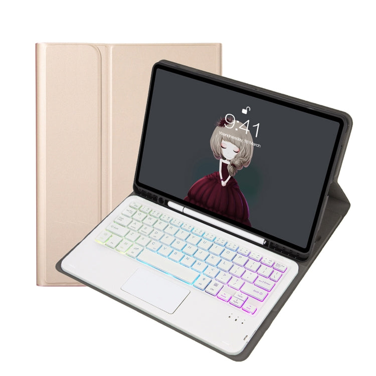 Gold Bluetooth keyboard tablet case open with white keyboard backlight and folio cover