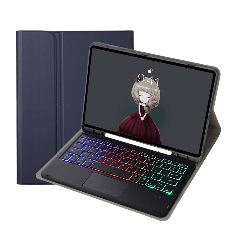 Blue Bluetooth keyboard tablet case open with tablet display and multicolor backlit keyboard