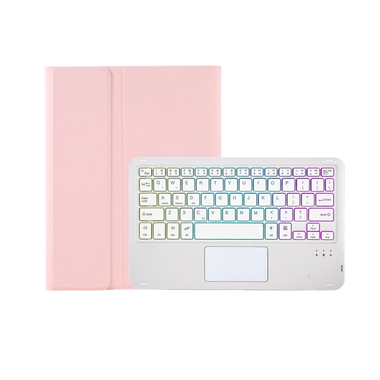 Pink leather tablet case with backlit Bluetooth keyboard, opened view.