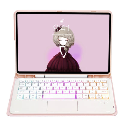 Pink leather folio tablet case with backlit keyboard, front view on stand.