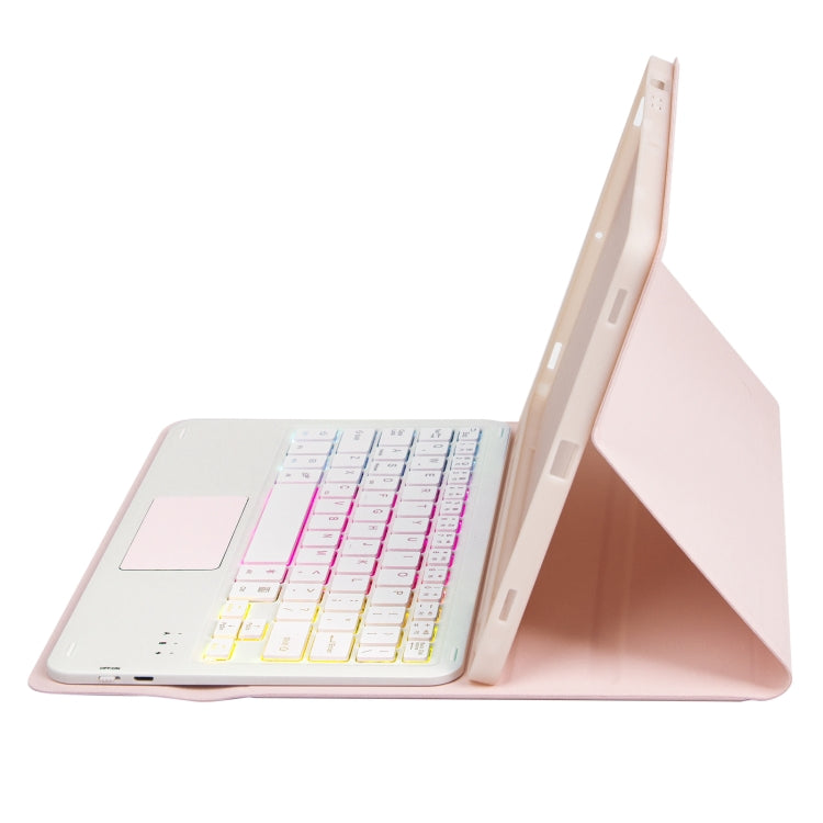 Pink leather tablet case with backlit Bluetooth keyboard and raised stand.