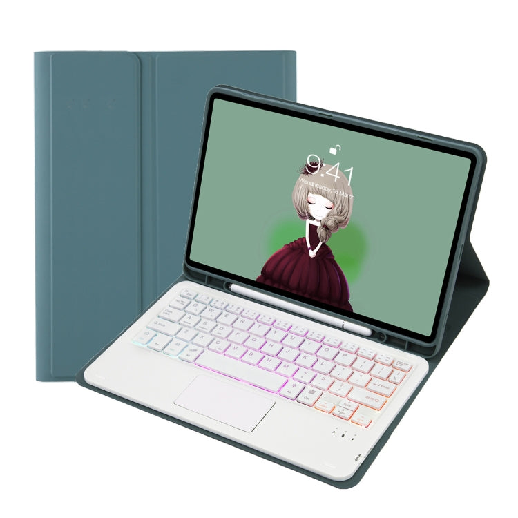 Dark green leather tablet case with backlit Bluetooth keyboard and standing cover.