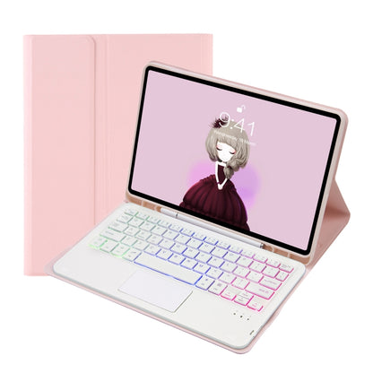 Pink leather tablet case with backlit Bluetooth keyboard, open front view.