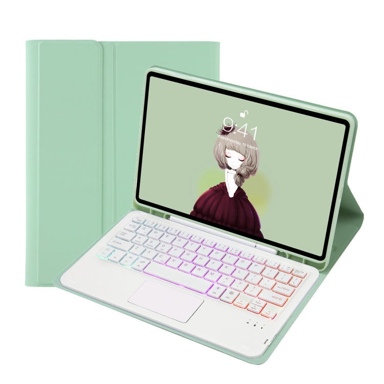 Light mint leather tablet case with fold stand and colorful backlit Bluetooth keyboard
