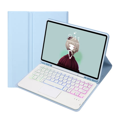 Light blue leather tablet case with fold stand and backlit Bluetooth keyboard