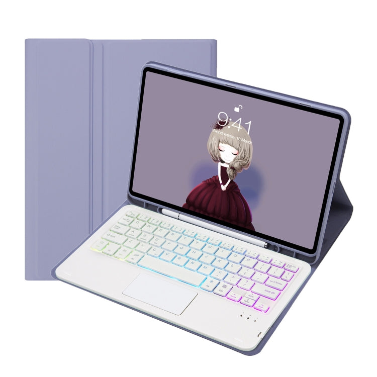 Lavender folio tablet case with landscape stand and colorful backlit Bluetooth keyboard