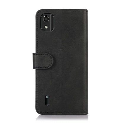 Black leather-look phone wallet case with camera cutout and side button opening