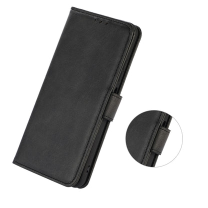Black leather flip phone case angled view with side button cover