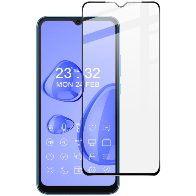 Tempered glass screen protector film placed on smartphone, clear full-screen panel