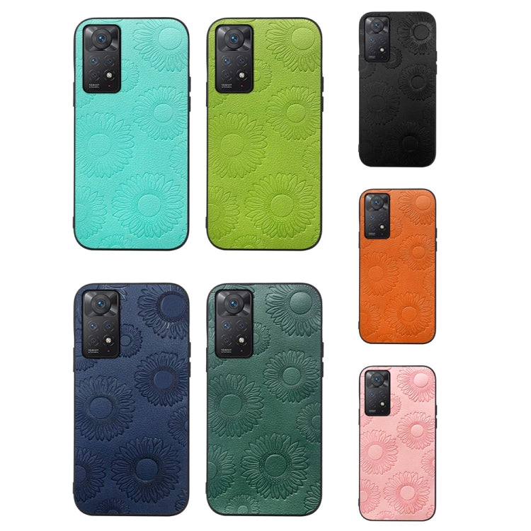 Assorted sunflower PU phone cases in turquoise, lime green, navy, and pink colors