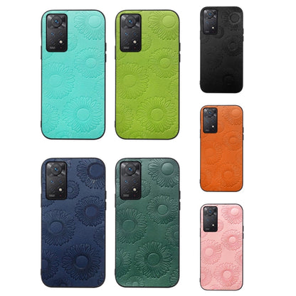 Assorted sunflower PU phone cases in turquoise, lime green, navy, and pink colors