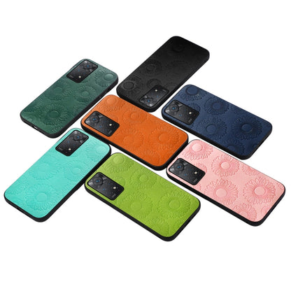 Set of sunflower embossed PU phone cases in black, green, orange, blue, and pink