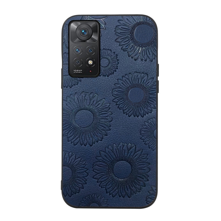 Blue sunflower embossed PU phone case with camera cutout and textured floral pattern
