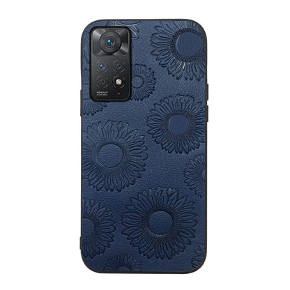 Blue sunflower embossed PU phone case with camera cutout and textured floral pattern