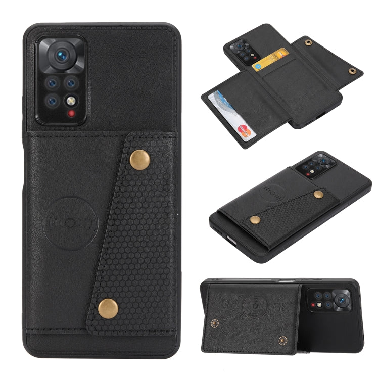 Black magnetic wallet phone case with double card slots and snap closure