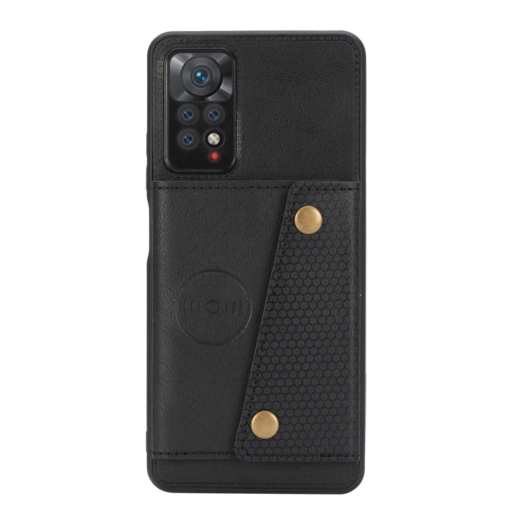 Black magnetic wallet phone case with double card slots and snap closure, front view