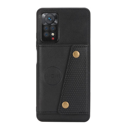 Black magnetic wallet phone case with double card slots and snap closure, front view