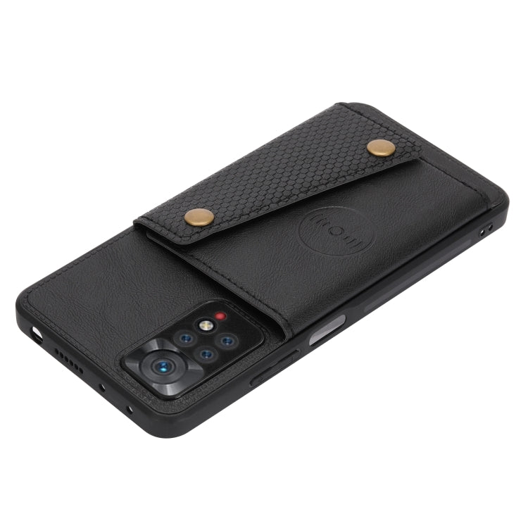 Black magnetic wallet phone case with textured card-holder panel and snap button