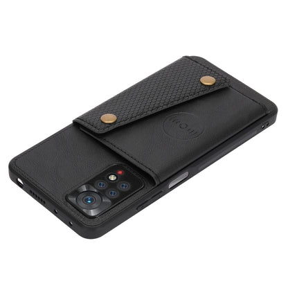 Black magnetic wallet phone case with textured card-holder panel and snap button