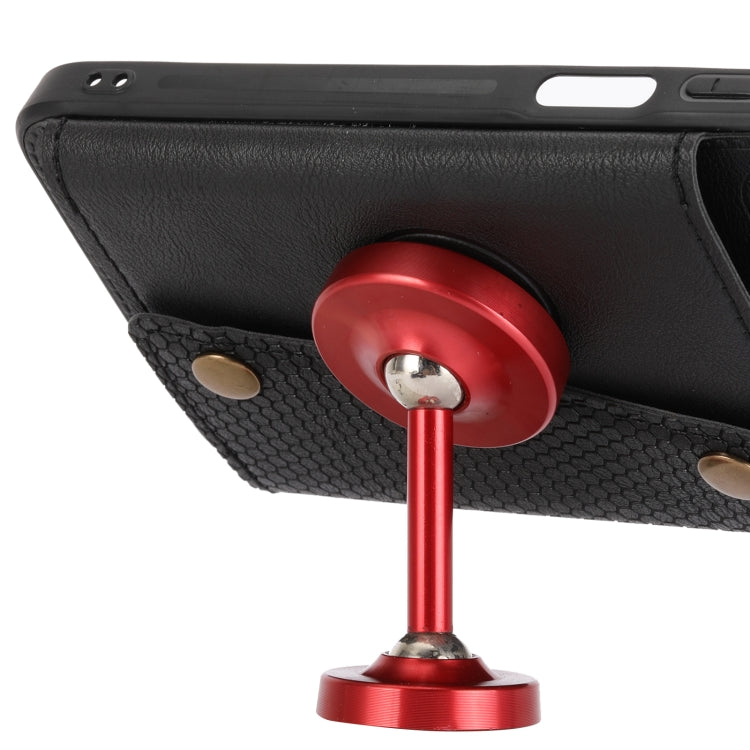 Black magnetic wallet phone case with kickstand magnet, close-up of red stand