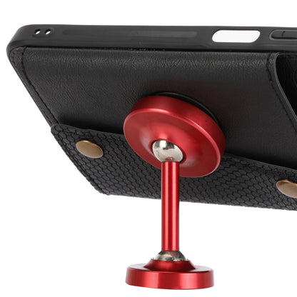 Black magnetic wallet phone case with kickstand magnet, close-up of red stand