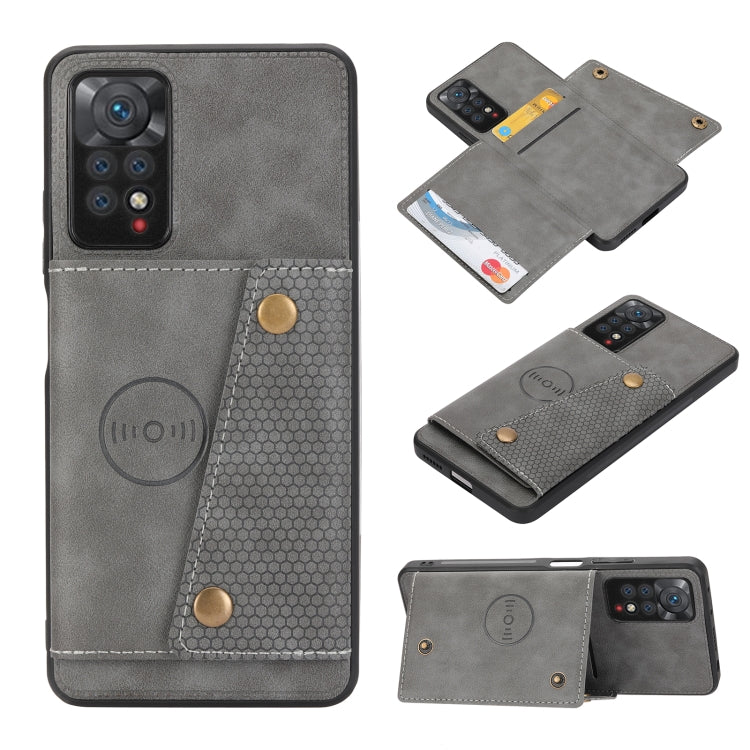 Grey magnetic wallet phone case with double card slots and snap closure