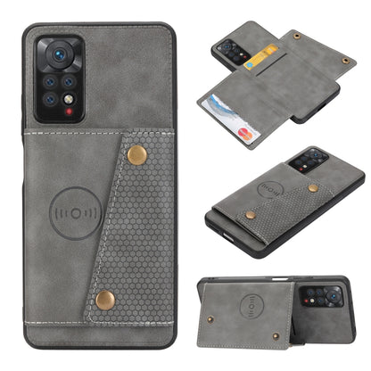 Grey magnetic wallet phone case with double card slots and snap closure