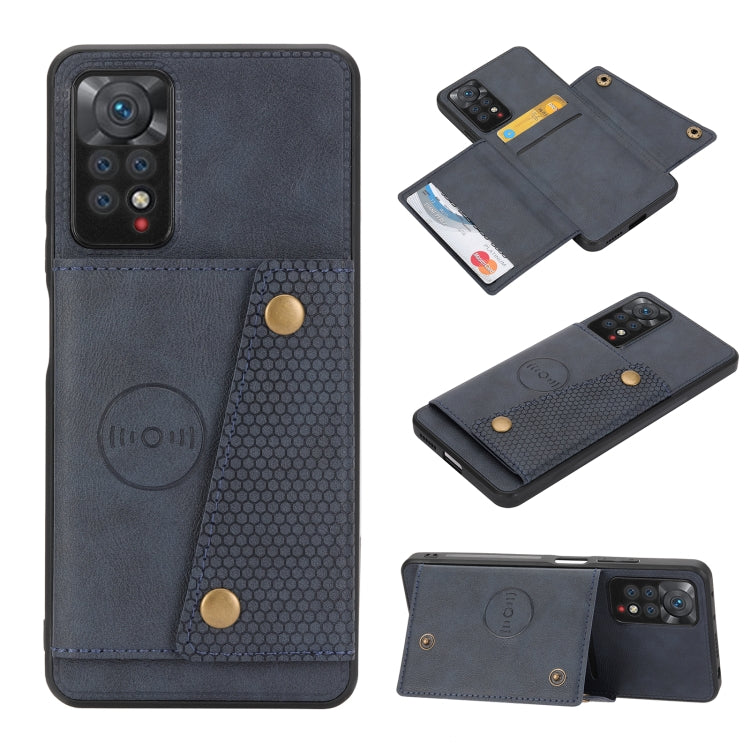 Magnetic flip wallet phone case with buckle strap, dark blue-gray and dual card slots