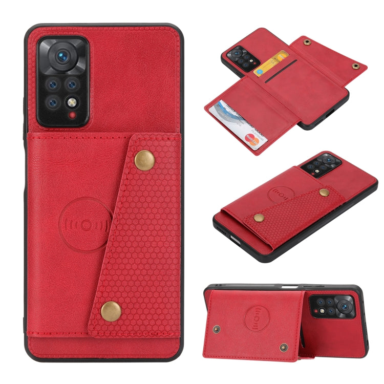 Magnetic wallet phone case with buckle strap, red leather-style, dual card slots