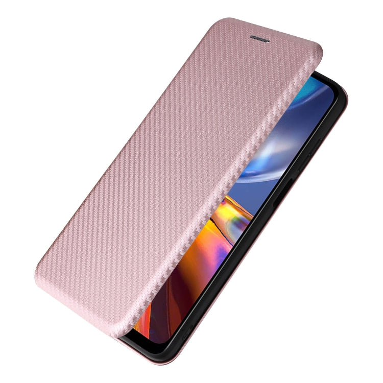Pink carbon fiber texture magnetic flip phone case with cover angled over phone