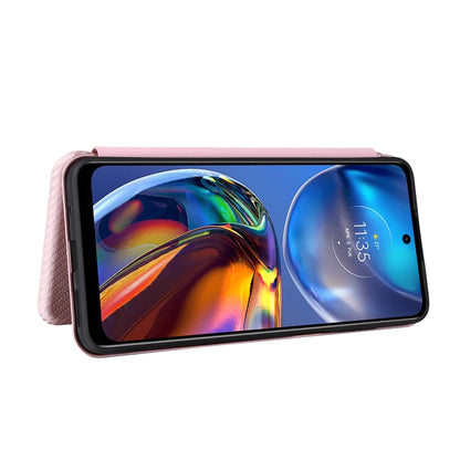 Pink magnetic flip leather phone case with carbon fiber texture, front cover closed